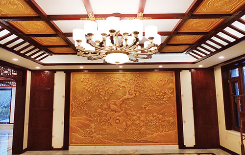 古冶中式别墅客厅中式木作横梁吊顶装饰展示